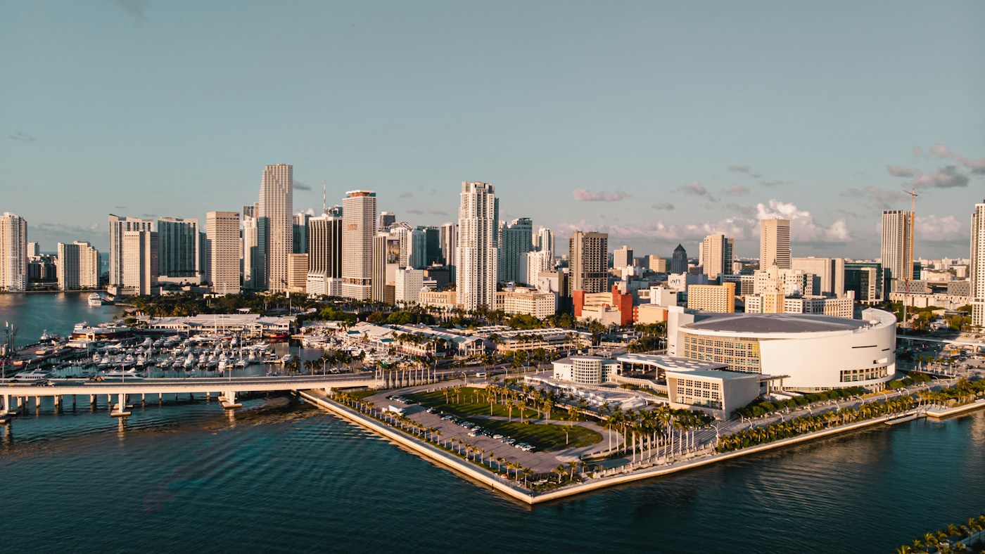 Miami skyline and Biscayne Bay in warm evening light